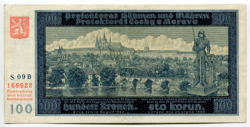 Bohemia & Moravia 100 Korun 1944
P# 6a, N# 204545; # S09B-166922; VF-XF; Crispy