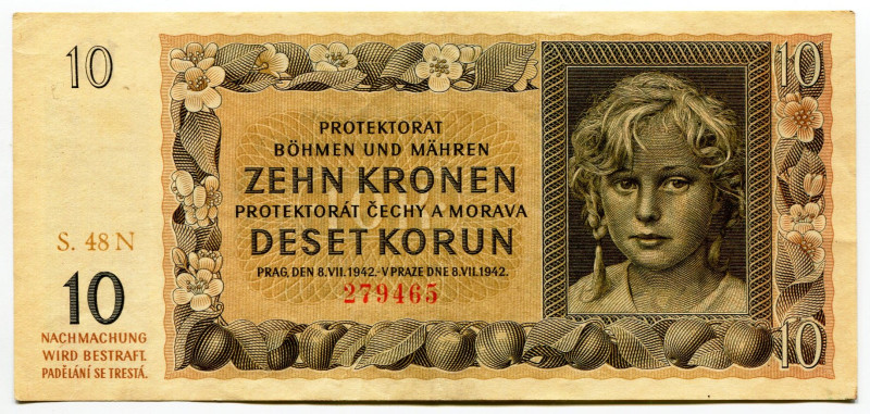 Bohemia & Moravia 10 Korun 1942
P# 8a, N# 207305; # S48N-279465; XF-AUNC