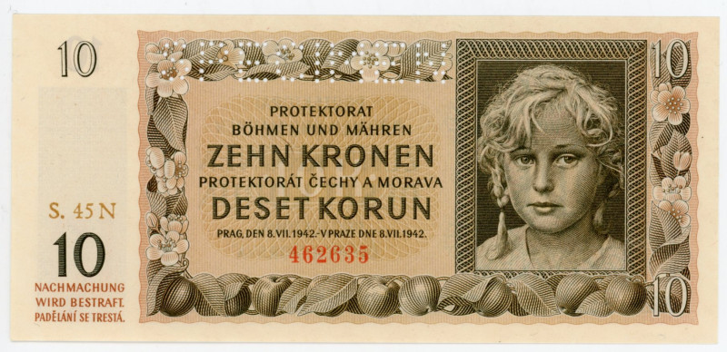 Bohemia & Moravia 10 Korun 1942 Specimen
P# 8s, N# 207305; # S.45 N 462635; UNC