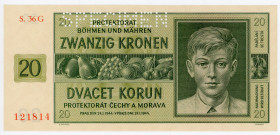 Bohemia & Moravia 20 Korun 1944 Specimen
P# 9s, N# 207306; # S.36G 121814; UNC