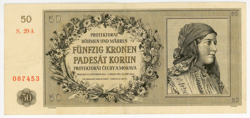 Bohemia & Moravia 50 Korun 1944
P# 10a, N# 239611; # S.29A 087453; XF-