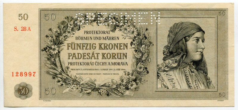 Bohemia & Moravia 50 Korun 1944 Specimen
P# 10s, N# 239611; # S28A-128997; UNC