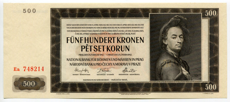 Bohemia & Moravia 500 Korun 1942
P# 12a, N# 205204; # Ea748214; UNC