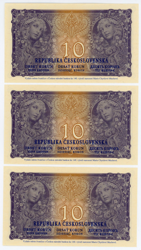 Czechoslovakia Ivancice 3 x 10 Korun 1919 (2022) 140 years Maria Mucha With Cons...