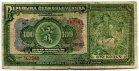 Czechoslovakia 100 Korun 1920
P# 17, N# 227069; # Ap-362548; VF+