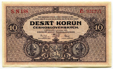 Czechoslovakia 10 Korun 1927
P# 20a, N# 207299; # SN188-922297; XF-XF+; Crispy
