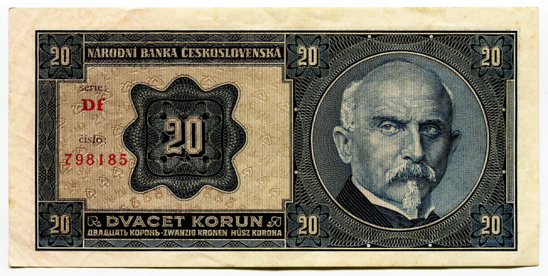 Czechoslovakia 20 Korun 1926
P# 21a, N# 222207; # Df798185; XF+; Crispy