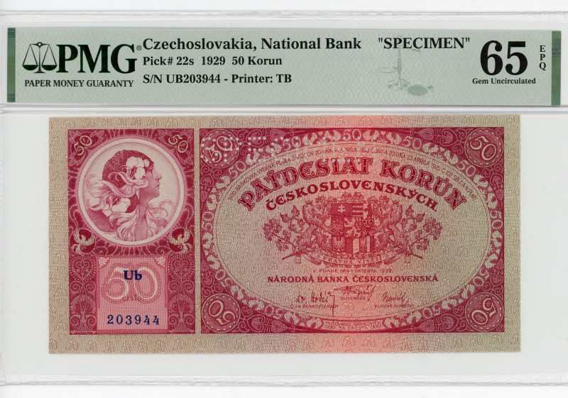 Czechoslovakia 50 Korun 1929 Specimen PMG 65
P# 22s, N# 285771; # UB203944
