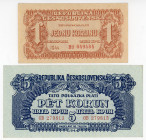 Czechoslovakia 1 & 5 Korun 1944
P# 45a, 46a, N# 206335, N# 227063; UNC-