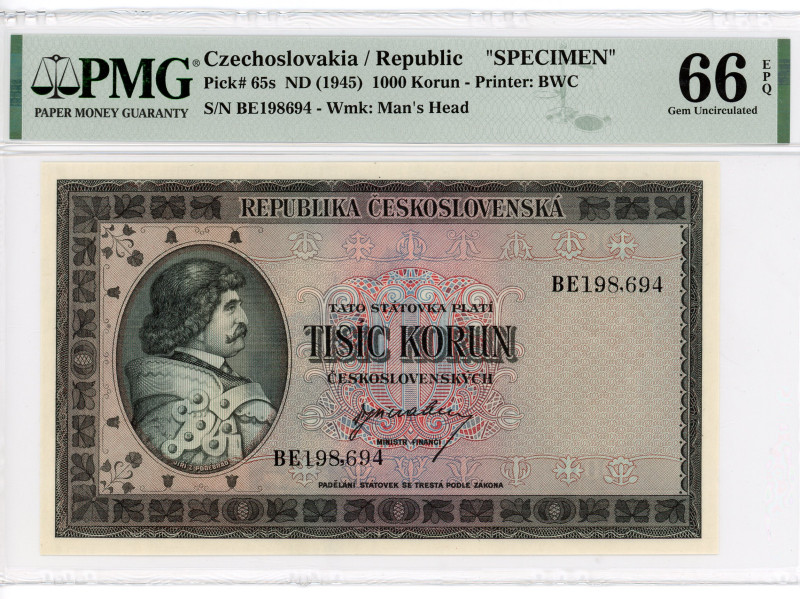 Czechoslovakia 1000 Korun 1945 (ND) Specimen PMG 66
P# 65s, N# 227066; # BE1986...