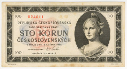 Czechoslovakia 100 Korun 1945
P# 67a, N# 207320; # A40 024011; XF