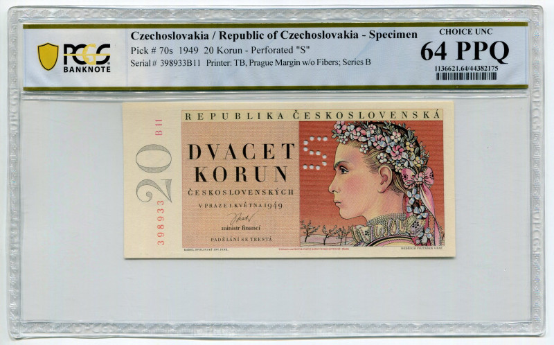 Czechoslovakia 20 Korun 1949 Specimen PCGS 64
P# 70s, N# 224952; # B11 398933; ...