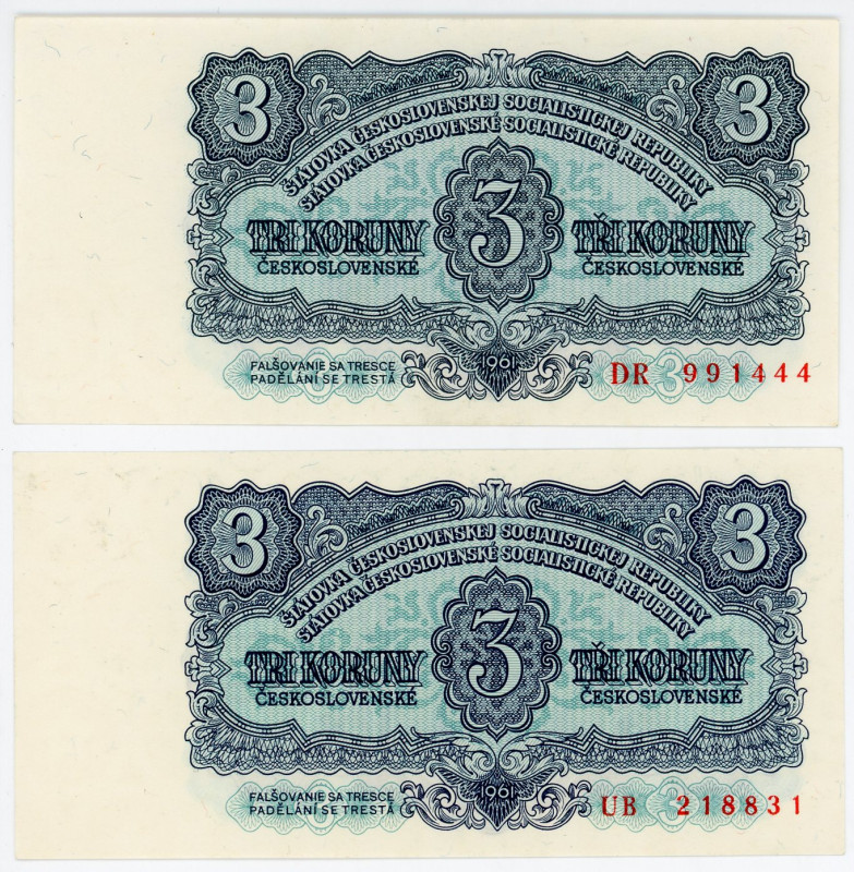 Czechoslovakia 2 x 3 Koruny 1961
P# 81a, 81b, N# 207313; # DR 991444, # UB21883...
