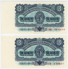 Czechoslovakia 2 x 3 Koruny 1961
P# 81a, 81b, N# 207313; # DR 991444, # UB218831; UNC