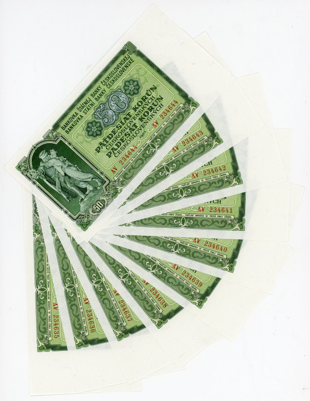 Czechoslovakia 10 x 50 Korun 1953 With Consectuve Numbers
P# 85a, N# 208514; # ...