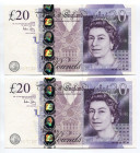Great Britain 2 x 20 Pounds 2007 - 2011 (ND) With Consecutive Numbers
P# 392a, N# 203136; # DK17 264425 - 26; UNC