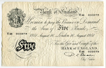 Great Britain 5 Pounds 1951
P# 344, N# 202889; # V46 033078; F-VF