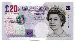 Great Britain 20 Pounds 2004 - 2011 (ND) Fancy Number
P#390b, N# 203779; # DB12 072399; Elizabeth II; AUNC