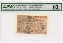 Jersey 6 Pence 1941 -1942 (ND) PMG 63
P# 1a, N# 202345; # 285681; German Occupation WWII; UNC
