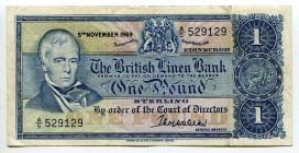 Scotland 1 Pound 1969
P# 169a, N# 225023; # A/5 529129; British Linen Bank; VF-