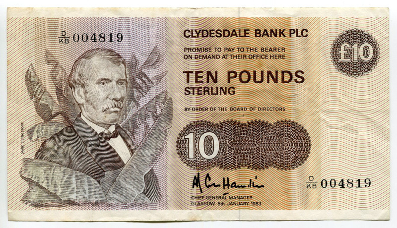 Scotland 10 Pounds 1983
P# 213a, N# 209921; # D/KB 004819; Clyydesdale Bank; VF
