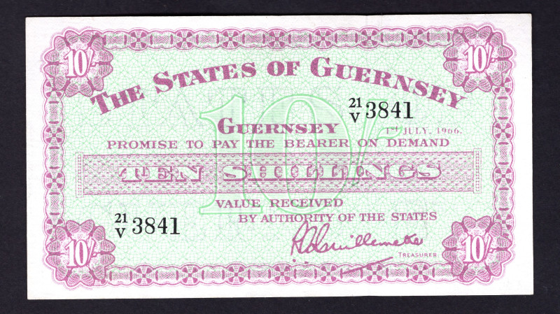Guernsey 10 Shillings 1966
P# 42c, N# 211002; # 21V3841; Rare note; AUNC