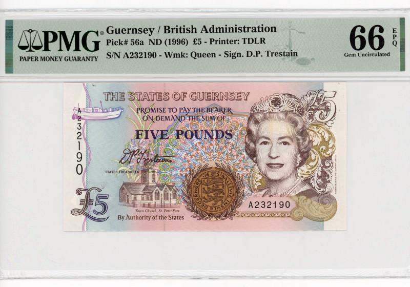 Guernsey 5 Pounds 1996 (ND) PMG 66
P# 56a, N# 211066; # A232190; Elizabeth II