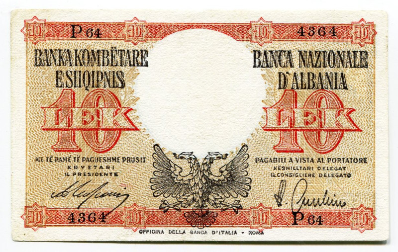 Albania 10 Lek 1940 (ND)
P# 11, N# 239660; # P64 4364; Italian occupation; XF