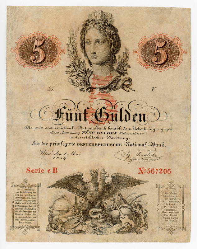 Austria 5 Gulden 1859
P# A88, N# 308340; F-VF
