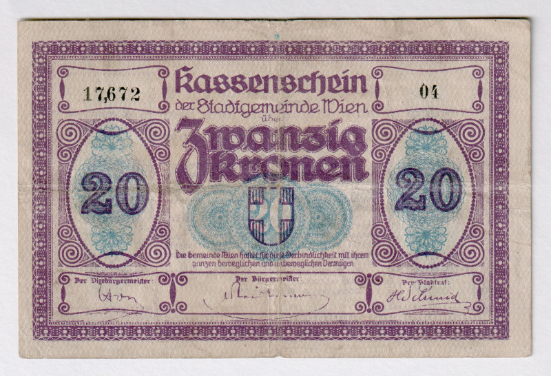 Austria Wien 20 Kronen 1918
P# NL, # 17,672 04; VF