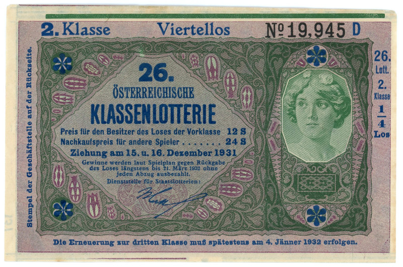 Austria Lottery Ticket 1931
# 19945D; AUNC