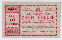 Austria - Hungary 10 Heller 1916 (ND) POW Lager Notes
P# NL, # 03870; UNC