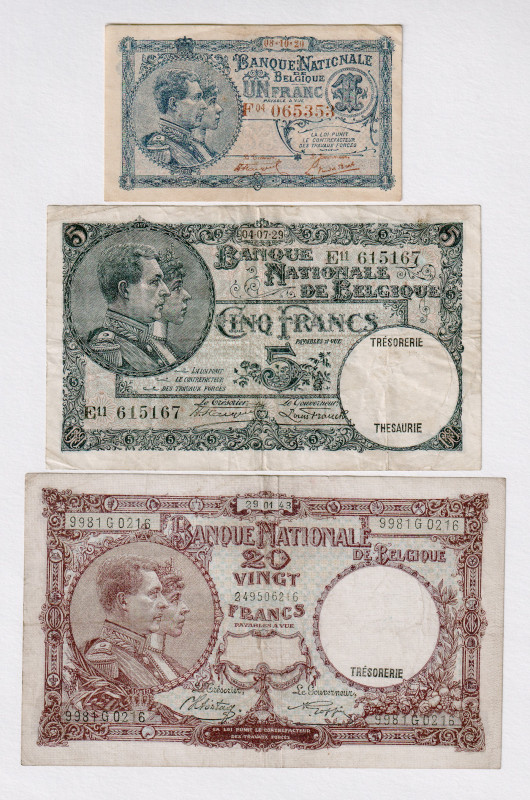 Belgium 1 - 5 - 20 Francs 1920 - 1943
P# 92, 97, 111, VF