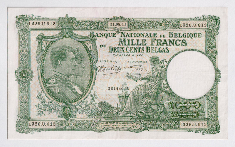Belgium 1000 Francs 1941
P# 110, # 33144013; XF