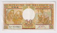 Belgium 50 Francs 1948
P# 133a, N# 207631; # J03 515903; XF