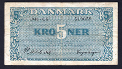 Denmark 5 Kroner 1948 Rare
P# 35e, N# 220900; # CG519059; Halberg Signature. Series CG. VG. 180$ in Pick.