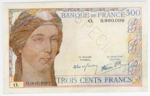 France 300 Francs 1938 (ND) Specimen
P# 87s, N# 206010; # O. 0.000.000; XF+