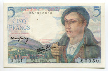 France 5 Francs 1945
P# 98a, Fay# 05/06, N# 203073; # D.141 80050; Berger; AUNC