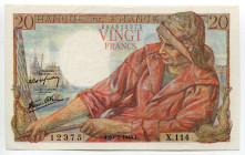 France 20 Francs 1944
P# 100a, Fay# 13/08, N# 206539; # X.114 12375; Pêcheur; XF