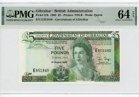 Gibraltar 5 Pounds 1988 PMG 64
P# 21b, N# 214350; # E851849; Elizabeth II