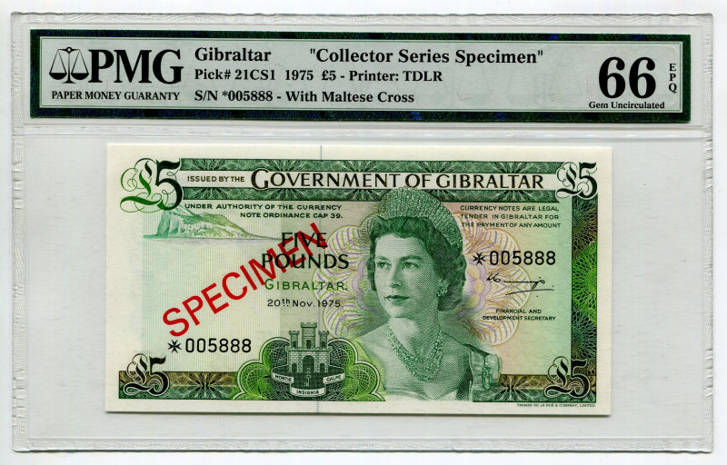 Gibraltar 5 Pounds 1975 PMG 66 Specimen
P# 21CS1, N# 214350; # *005888; Elizabe...