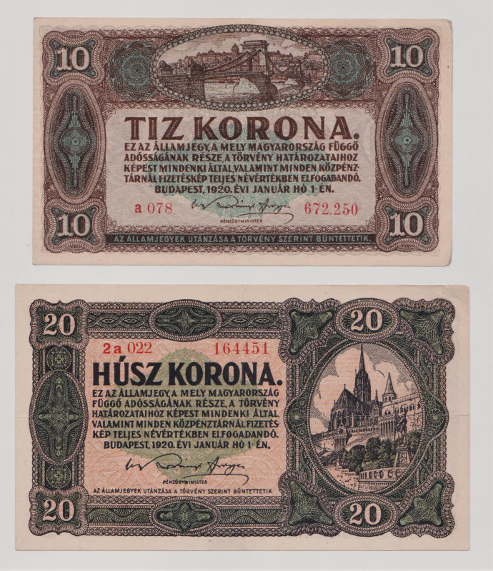 Hungary 10 - 20 Korona 1920
P# 60, 61, N# 208460, N# 208461; XF