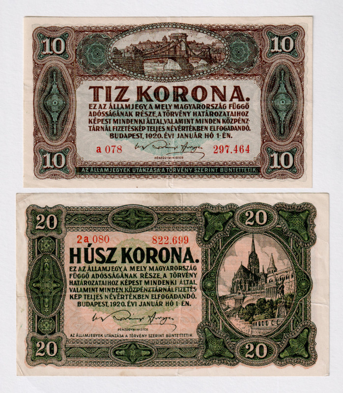Hungary 10 - 20 Korona 1920
P# 60, 61, N# 208460, N# 208461; VF-XF