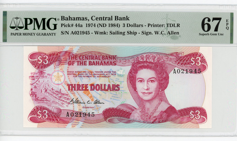 Bahamas 3 Dolars 1974 (1984)(ND) PMG 67
P# 44a, N# 212768; # A021945; Elizabeth...