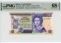 Belize 2 Dollars 2007 PMG 68
P# 66c, N# 228840; # DH7300071; Elizabeth II