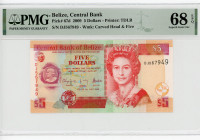 Belize 5 Dollars 2009 PMG 68
P# 67d, N# 228842; # DJ567949; Elizabeth II