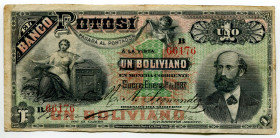 Bolivia Banco Potosi 1 Boliviano 1887
P# S221a, # B 66176; F-VF