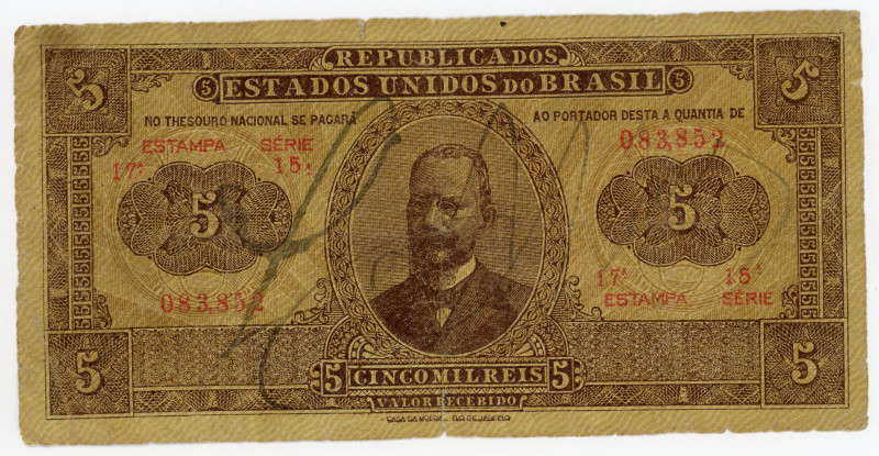 Brazil 5 Mil Reis 1922
P# 27, # 083852; E.17A; F-VF