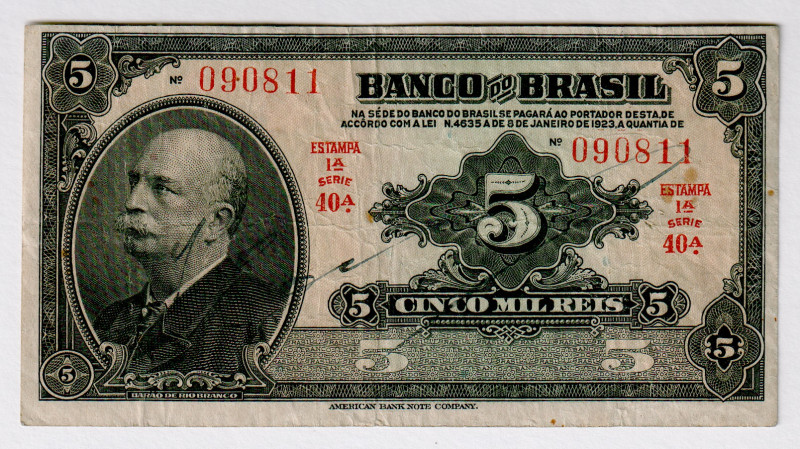 Brazil 5 Mil Reis 1923
P# 112a, N# 221220; # 090811; VF
