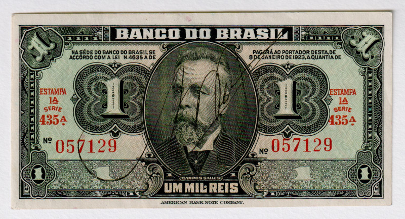 Brazil 1 Mil Reis 1944
P# 131A, N# 207877; # 057129; UNC